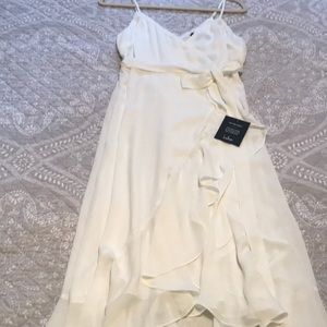 Manhattan Moment White Ruffled Midi Wrap Dress